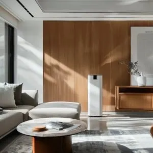 A modern, minimalist living room featuring a sleek white air purifier placed against a wooden accent wall, with a gray sofa, matching ottoman, and a round marble coffee table in the foreground.