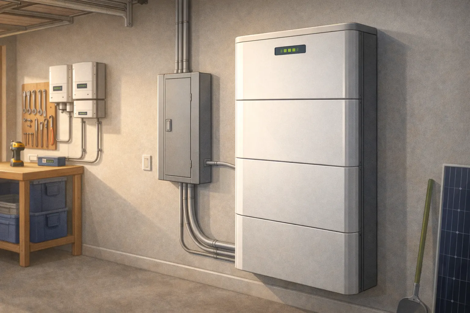 Home battery storage system installed in a garage for peak-rate savings and backup power