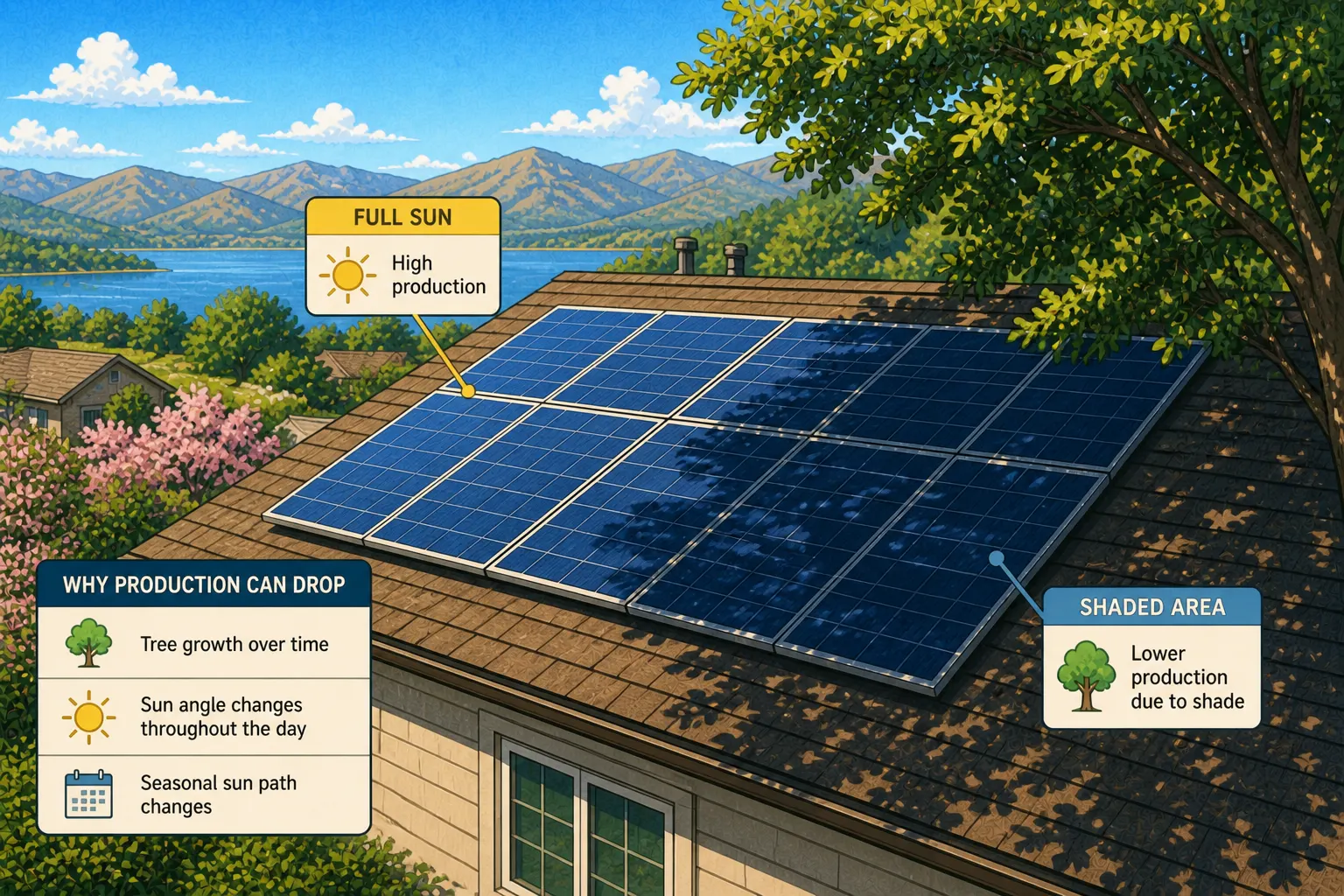 Rooftop solar panels with partial shading from nearby trees
