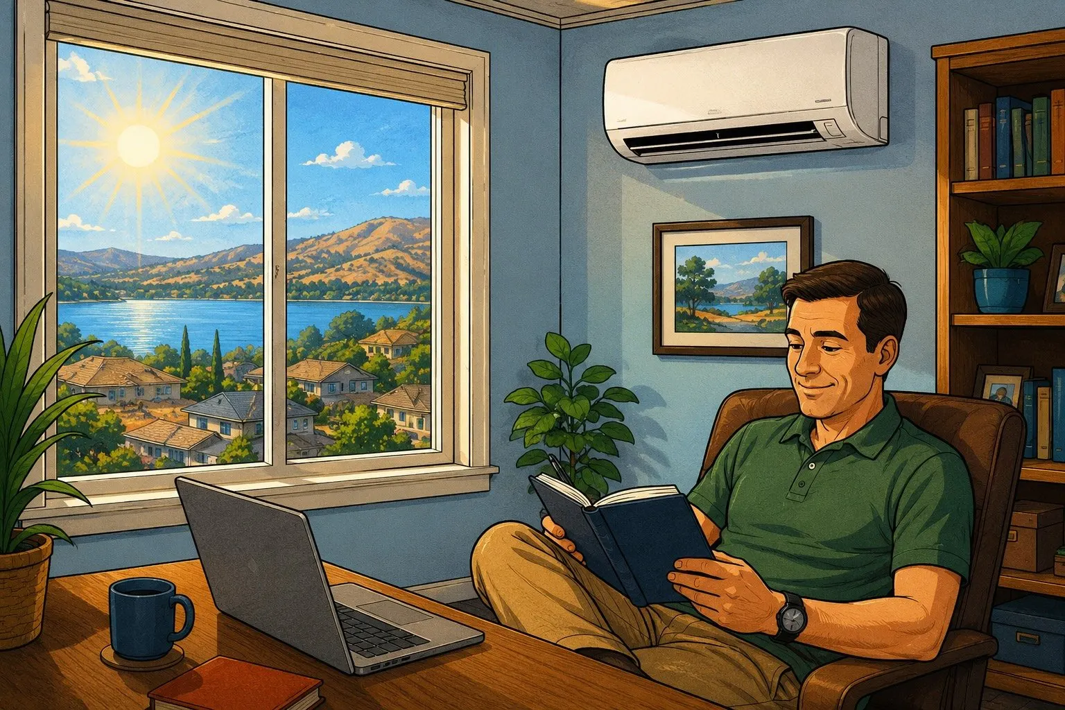 Illustrated Lake County homeowner relaxing comfortably in a room cooled by a wall-mounted mini-split while it is extremely hot outside
