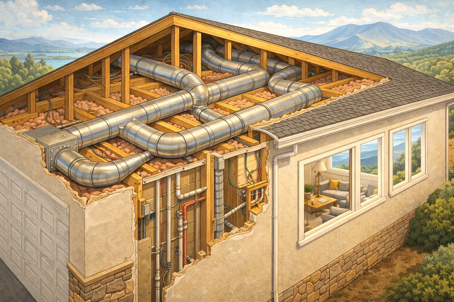Exposed view of traditional metal ductwork running through attic space with visible insulation, showing the complexity and invasiveness of extending existing HVAC ducts through home structure