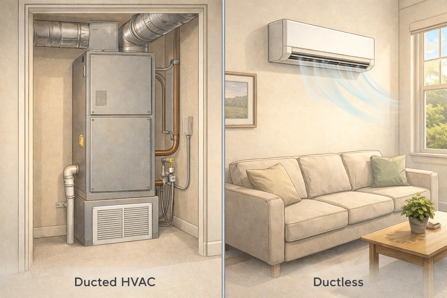 Side-by-side visual showing ducted heat pump system and ductless mini-split indoor head in a home