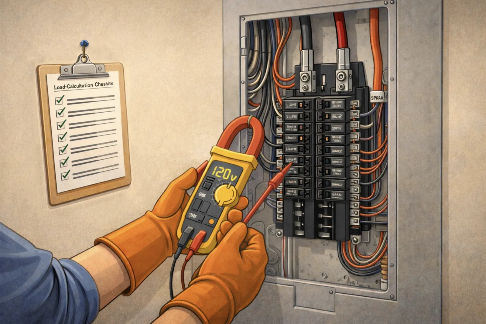 Electrician inspecting a home electrical panel before installing a heat pump