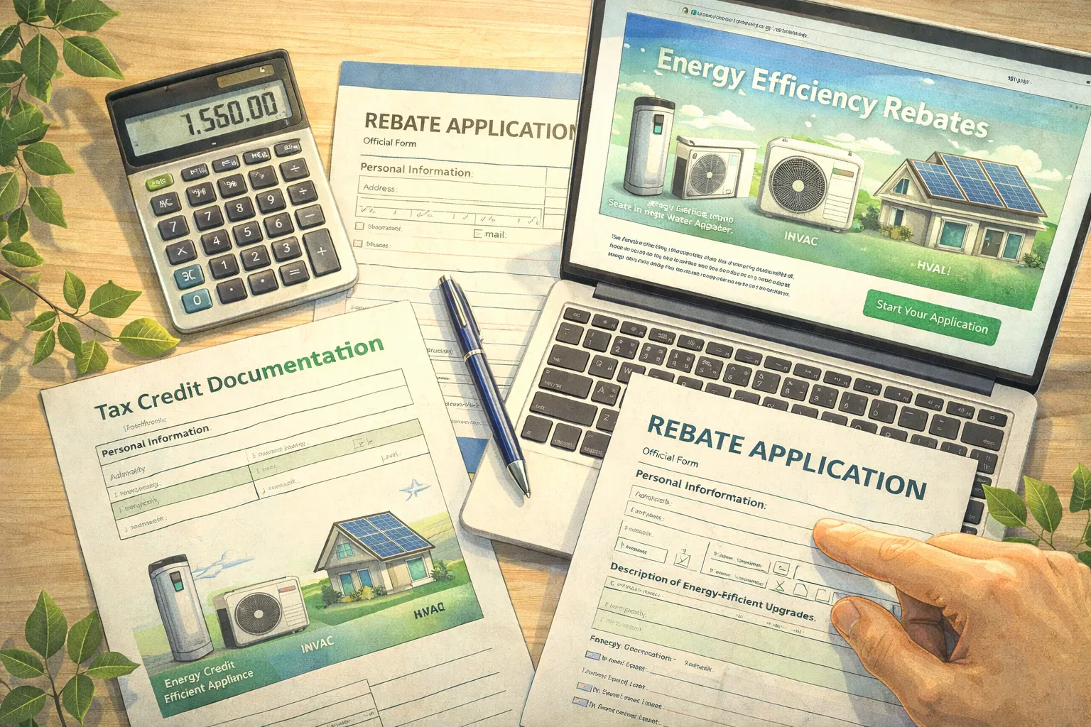 Calculator, tax forms, and energy efficiency rebate documents on a desk with energy-efficient appliance illustrations, representing financial savings from home upgrades