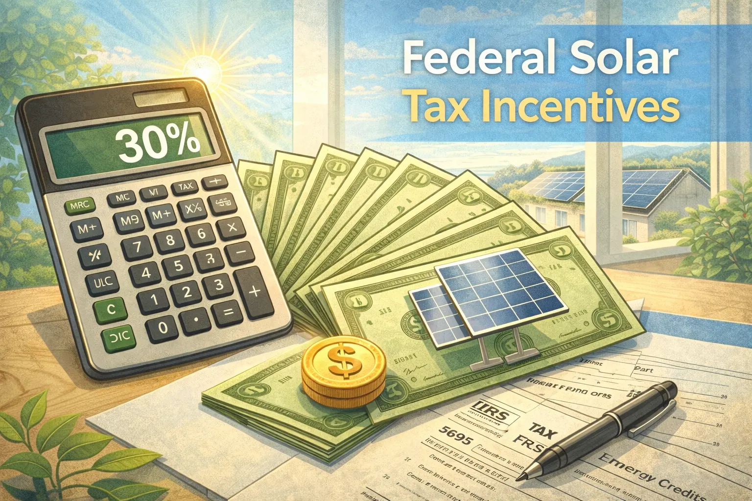 Visual representation of 30% federal solar tax credit showing money being saved on a calculator with solar panels and tax forms