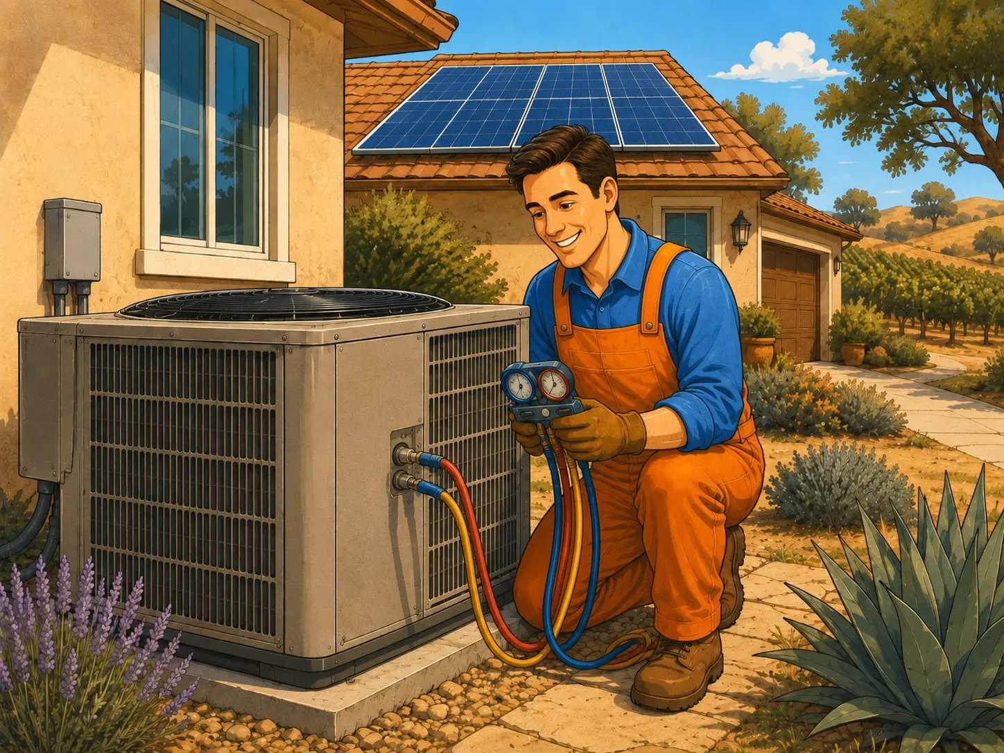 HVAC technician inspecting an outdoor air conditioning unit next to a home with solar panels visible on the roof in the background