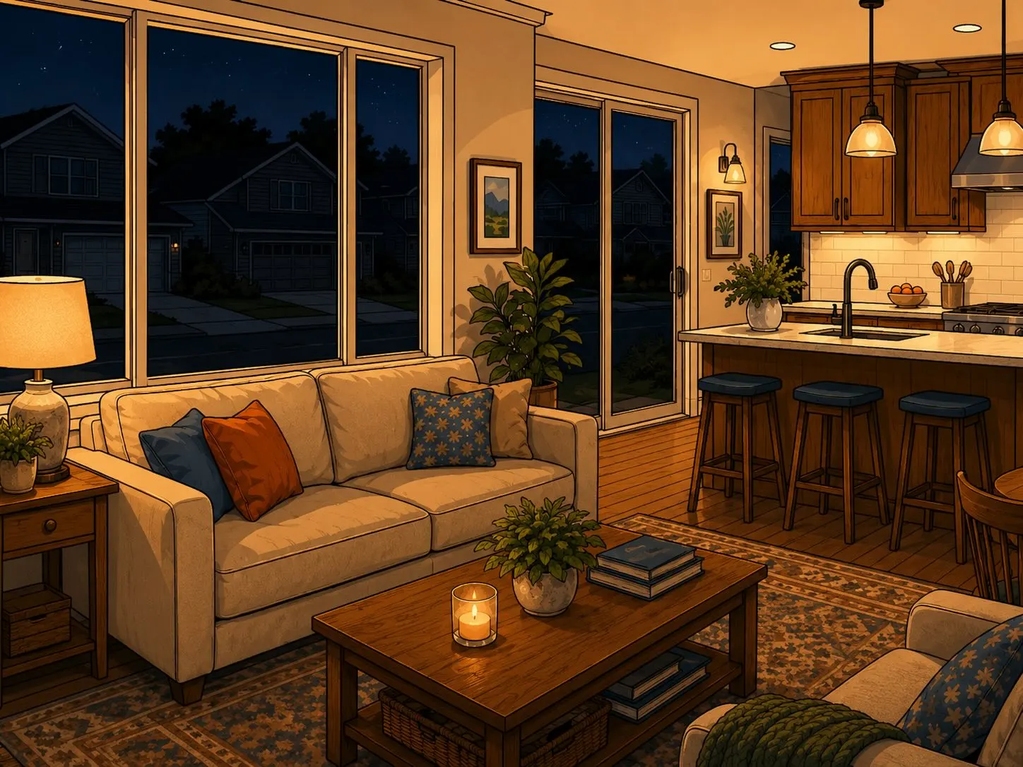 A lit home interior at night during a power outage, showing lights on and appliances running thanks to a home battery backup system