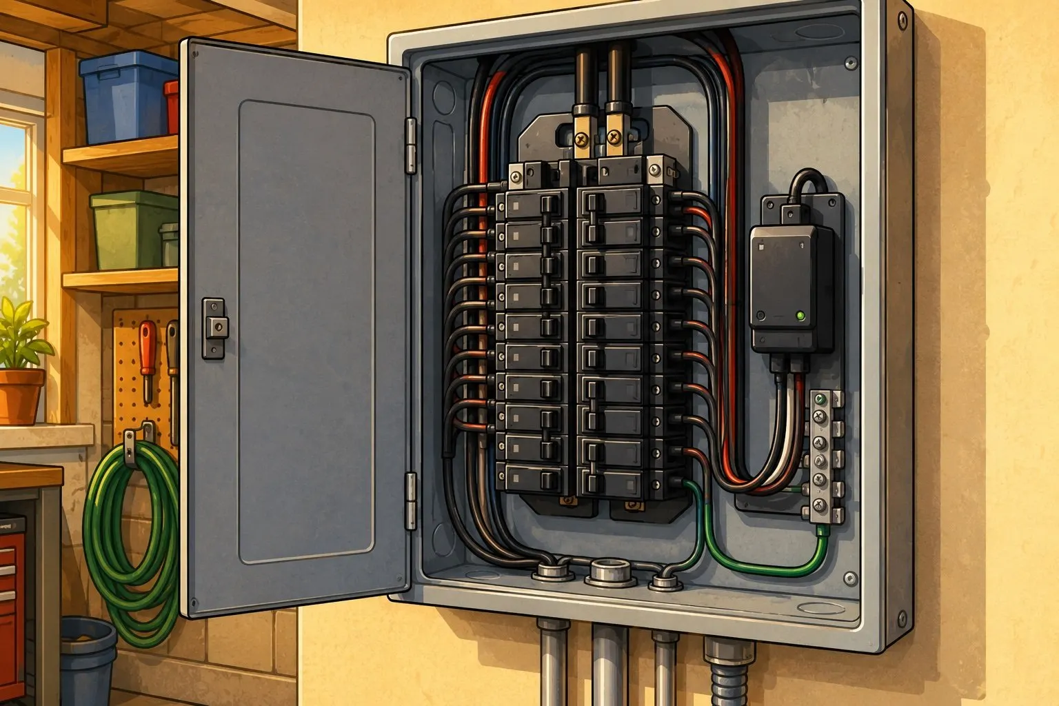 Inside view of a residential electrical panel with a whole-home surge protector device mounted adjacent to the breaker rows