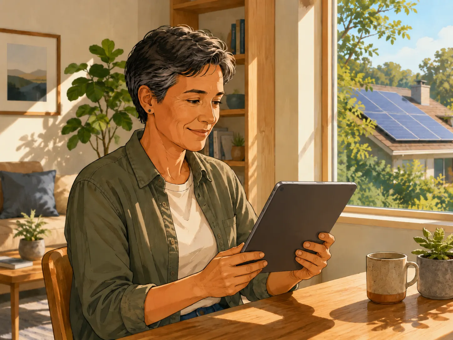 A Lake County homeowner reviewing solar system performance data on a tablet while sitting near a window with solar panels visible on the roof outside