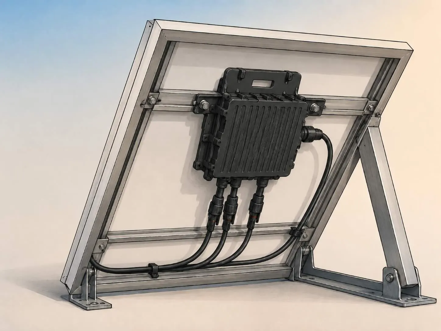 Close-up of a micro-inverter and cabling used in a plug-in solar panel kit