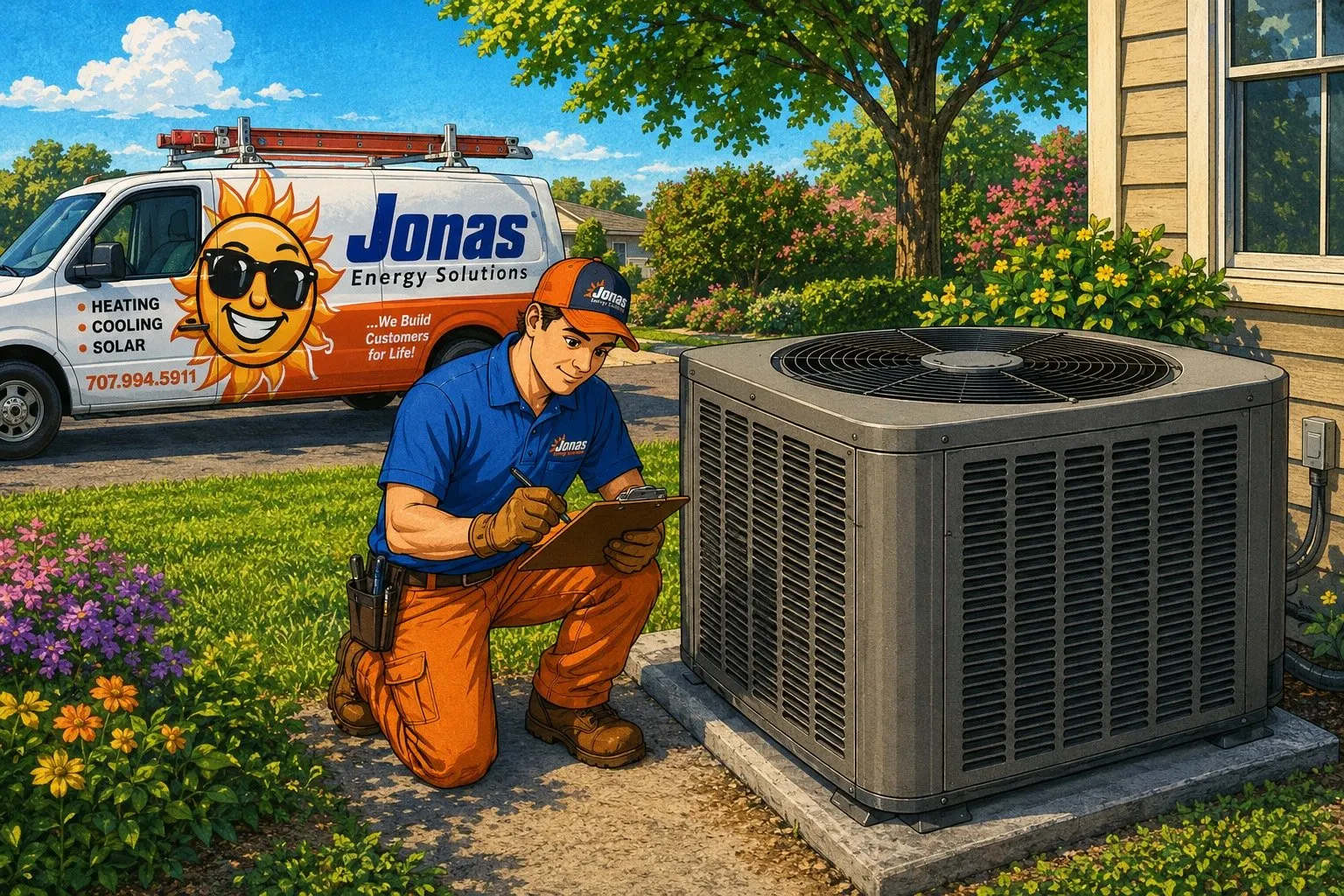 Illustrated Jonas Energy Solutions technician holding a clipboard next to a residential outdoor AC condenser unit on a hot summer day