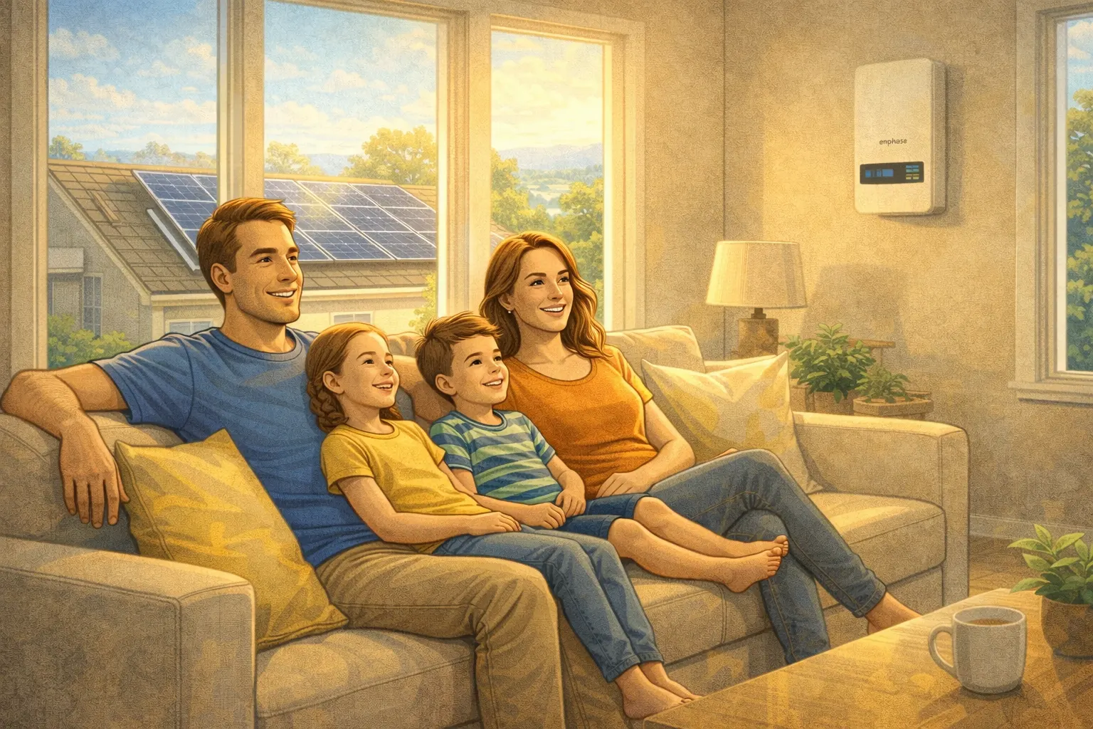 Happy family relaxing in comfortable, well-lit home with solar panels visible on roof through window, representing energy independence and reduced utility bills