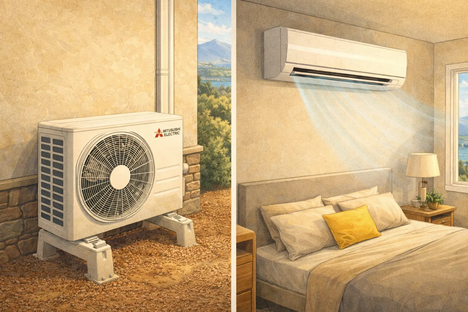 Mitsubishi ductless mini-split system showing both compact outdoor compressor unit mounted on exterior wall and sleek indoor air handler, demonstrating the complete system installation