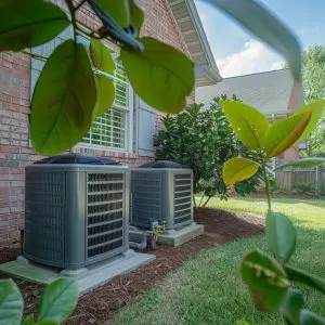 Two outdoor HVAC units surrounded by greenery at a Lake County home, indicating the importance of regular maintenance and system upgrades for efficient cooling and heating throughout the year.