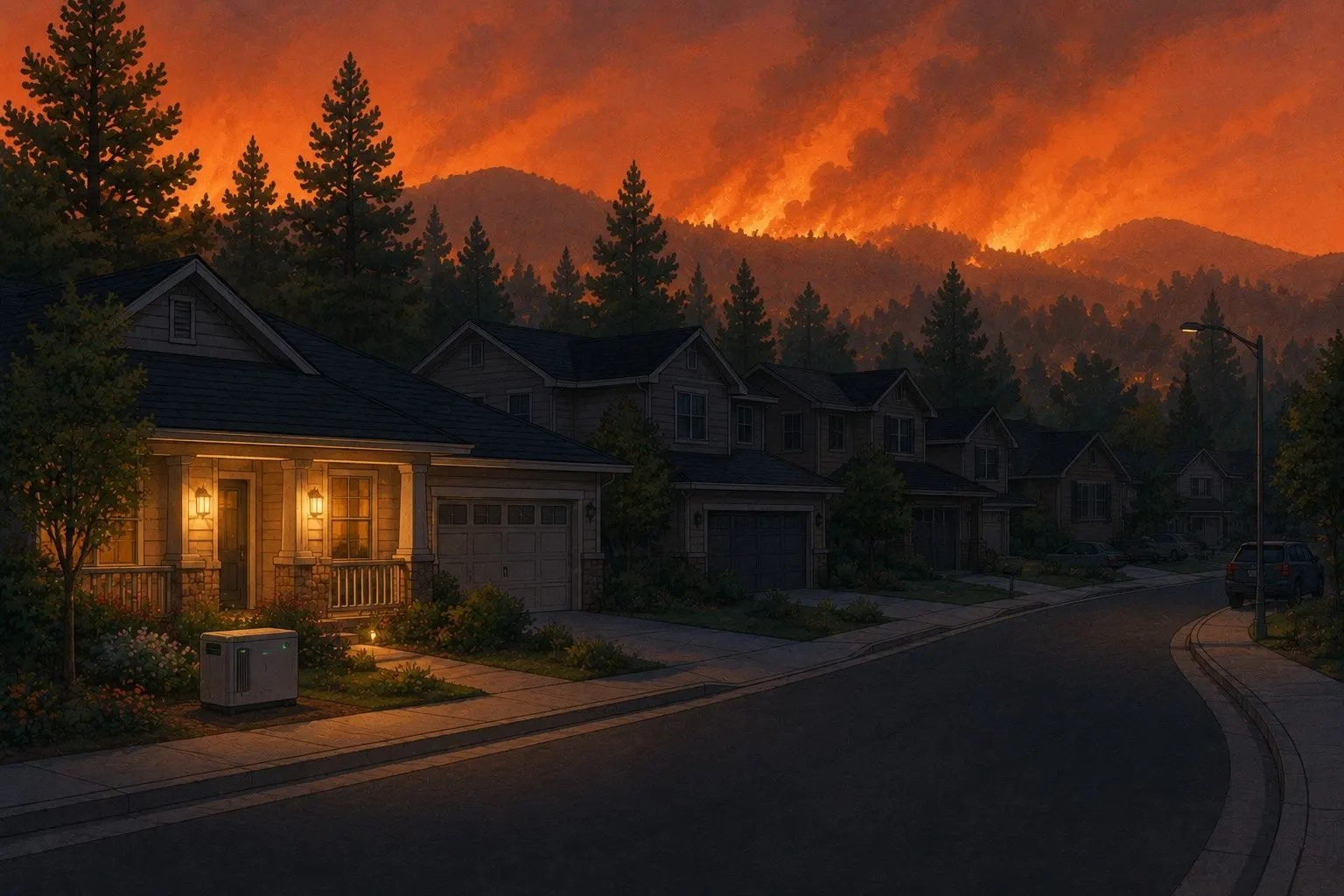 A residential street in El Dorado County during a wildfire season power outage with a smoky sky