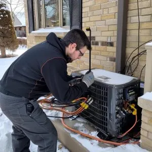 A technician performing maintenance on a heat pump to ensure peak winter efficiency.