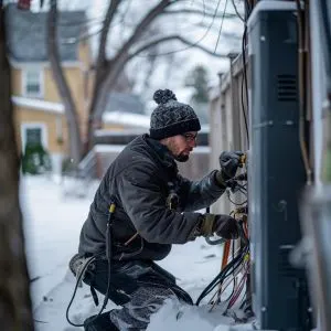 A technician repairing a residential heater system to restore warmth during a cold snap.