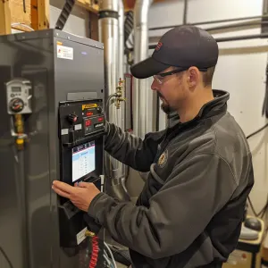 A technician performing routine maintenance on a hybrid water heater, ensuring optimal performance for colder months.
