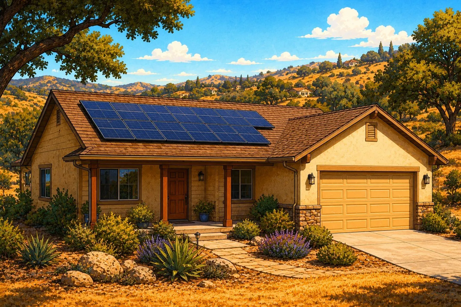 Residential rooftop solar panels installed on a single-story home in the El Dorado County foothills near Placerville California on a bright summer day