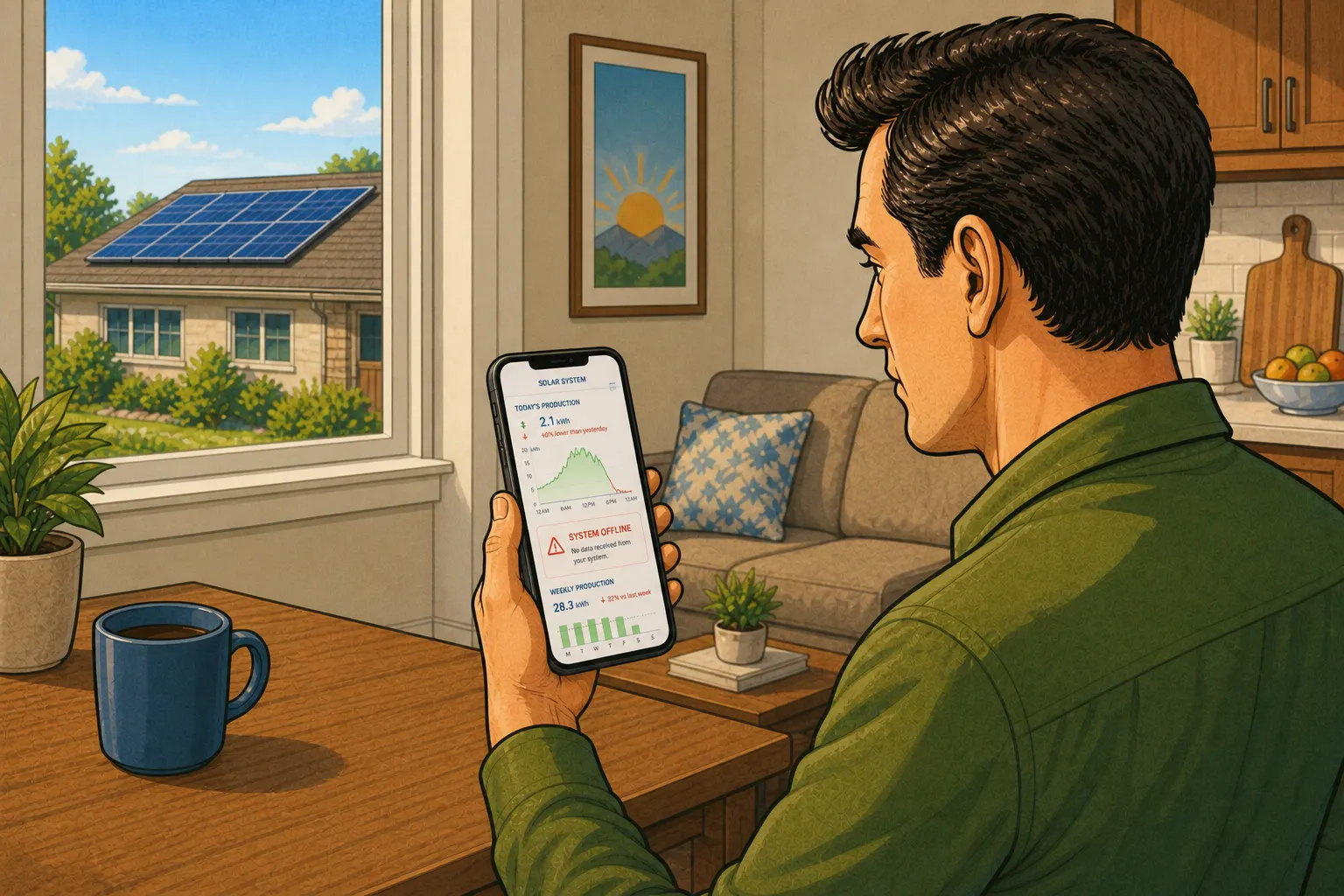 Solar monitoring app screen showing declining solar production and an offline alert