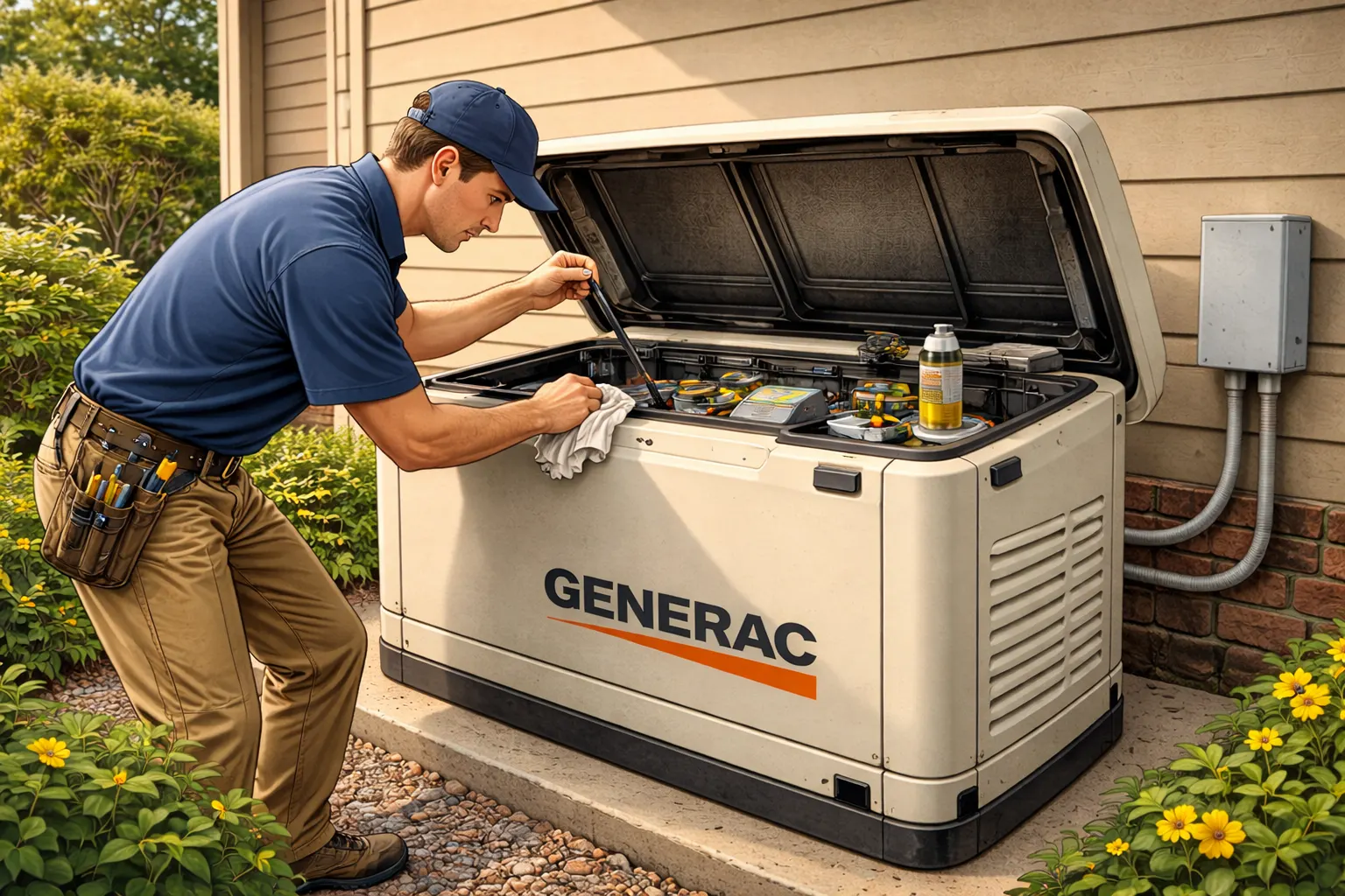 A residential standby generator next to a home with a technician or homeowner checking oil levels and connections, showing proper maintenance procedures