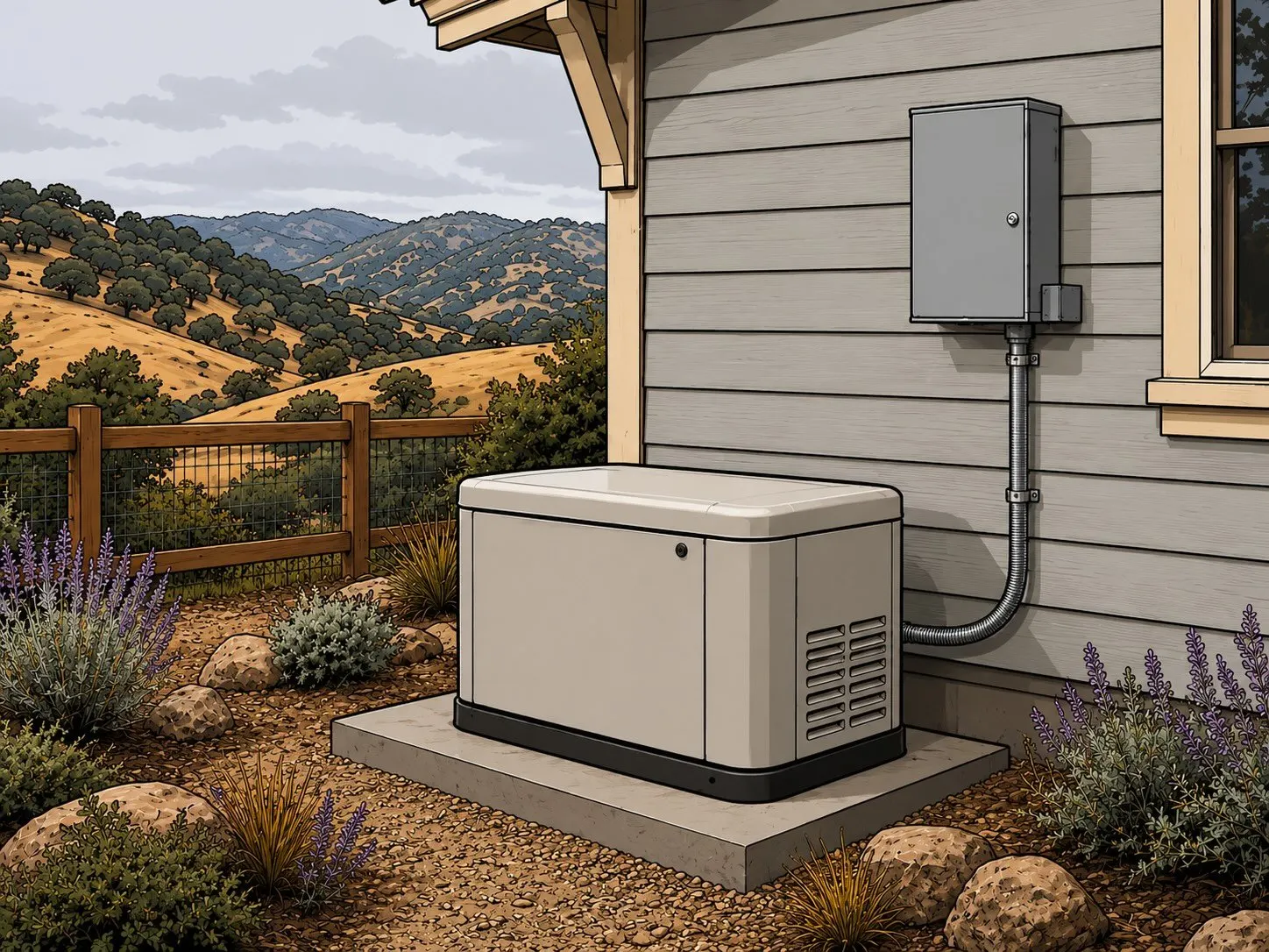 A permanently installed standby whole-home generator on a concrete pad beside a residential home, with transfer switch wiring visible on the exterior wall in a California rural setting