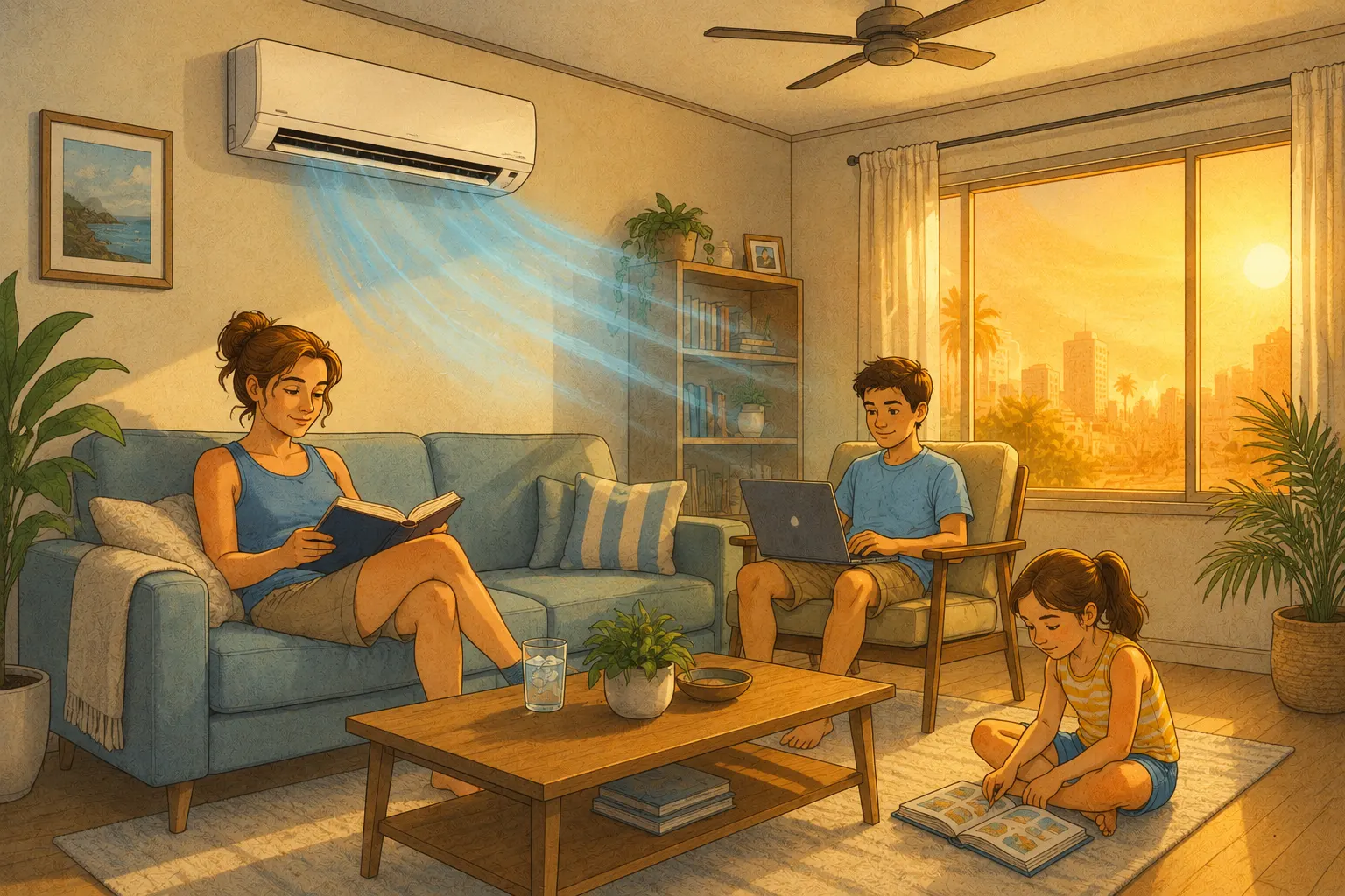 A family using one comfortable room during a heat wave with a mini-split indoor unit visible in the background.