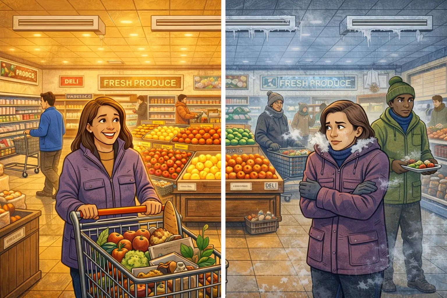shopping in comfort vs shopping in a cold grocery store with a broken HVAC system