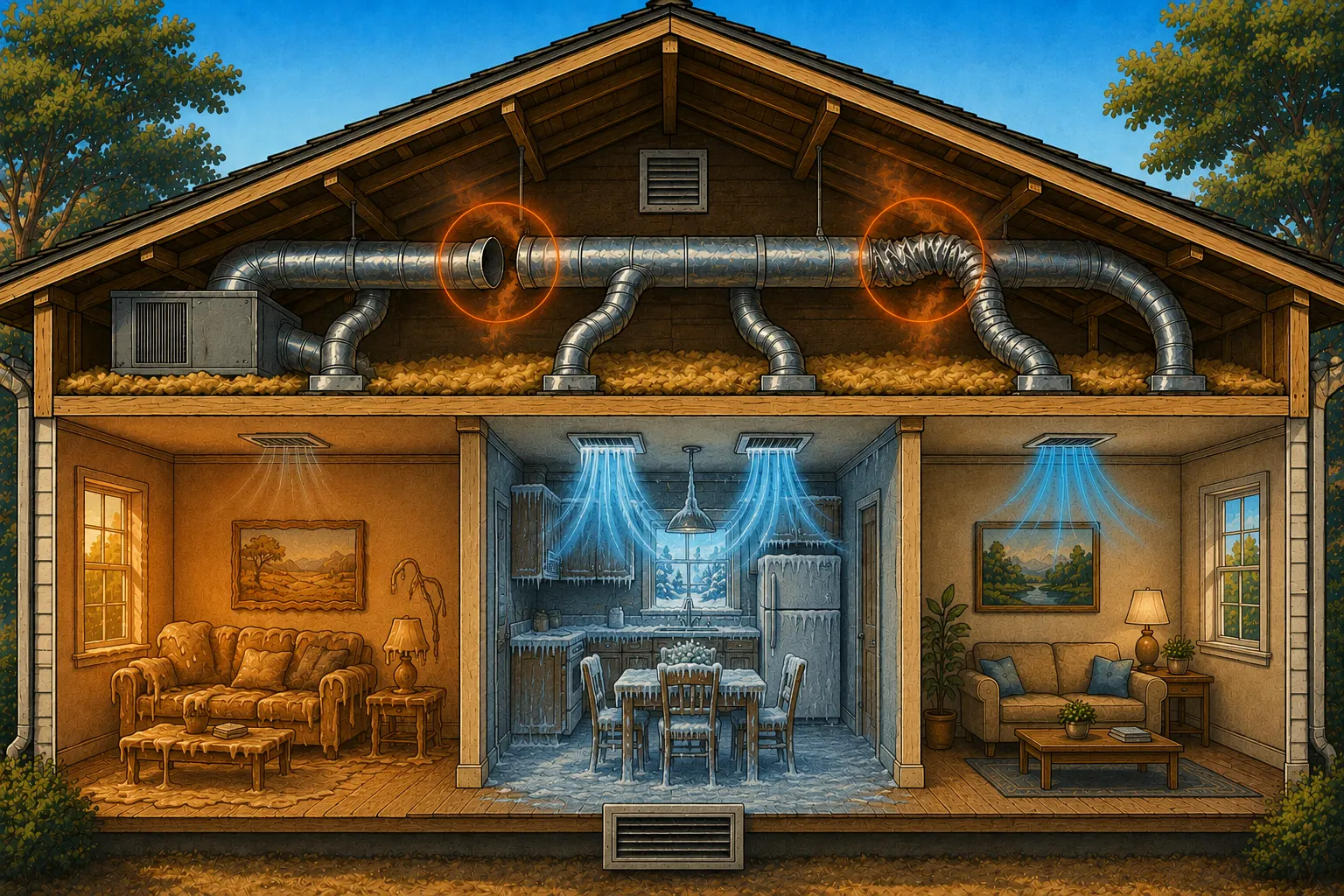A simplified visual showing common hot spots in older homes due to duct leaks and long runs.