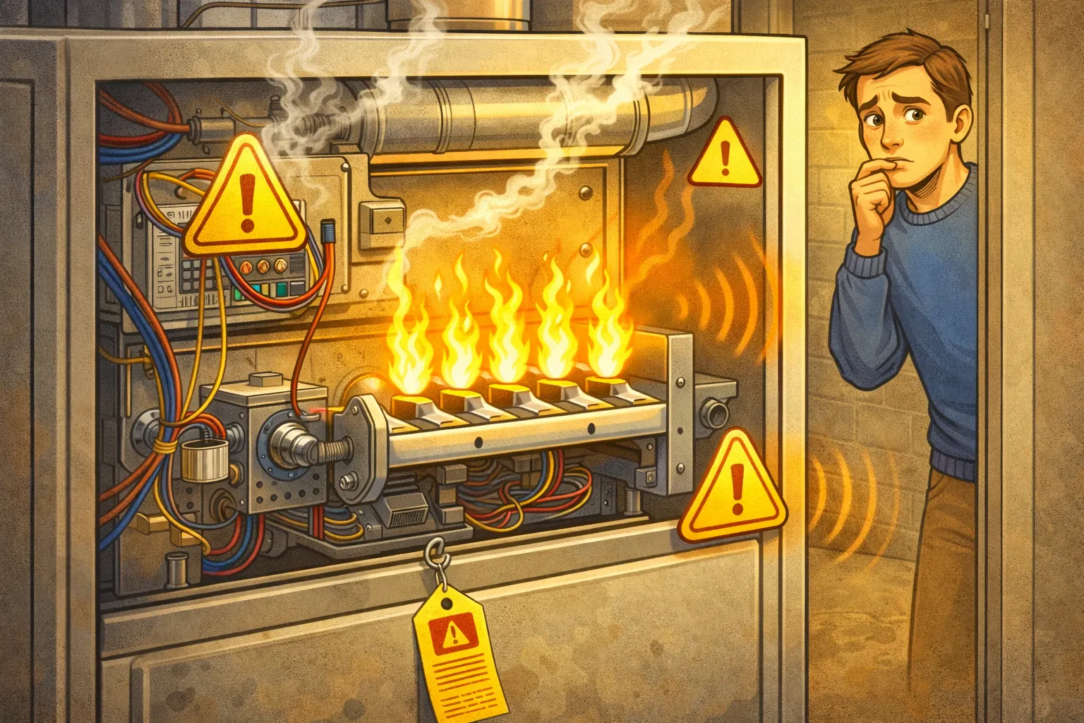 Close-up illustration of a residential furnace displaying multiple warning signs including unusual flame color, strange sounds represented by visual sound waves, and a concerned homeowner in the background, highlighting when to call for professional heating repair