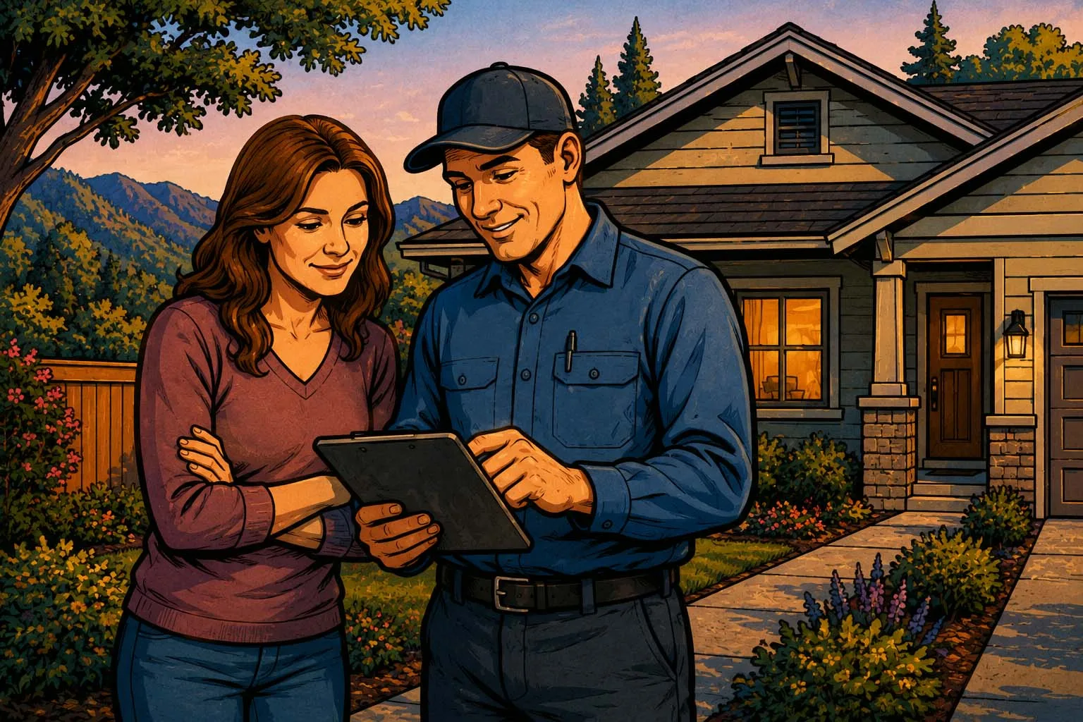Technician and homeowner reviewing home energy needs before sizing a battery backup system