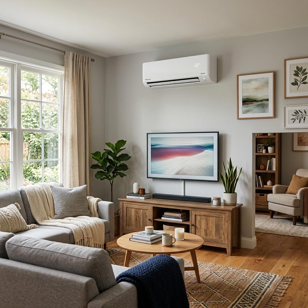 Ductless mini-split indoor wall unit installed in a living room