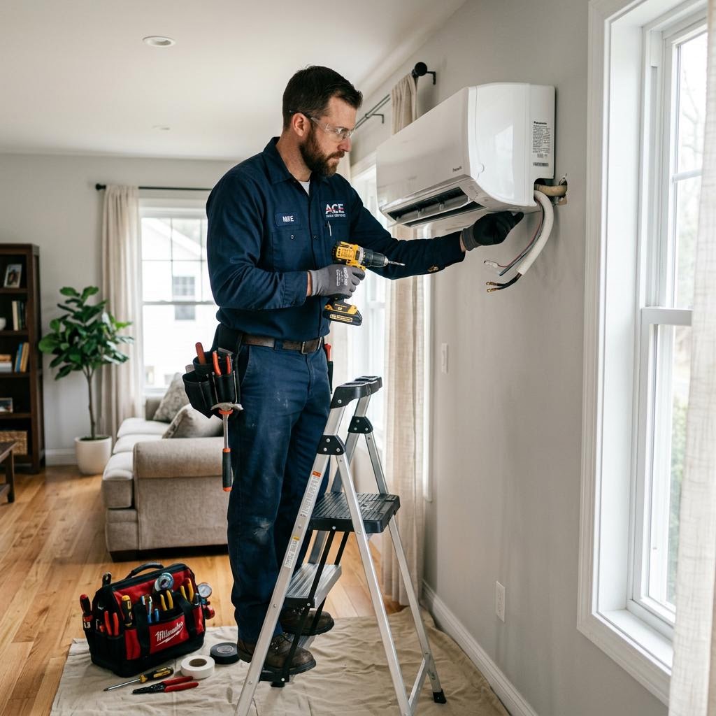 Jonas Energy Solutions technician installing a ductless mini-split system