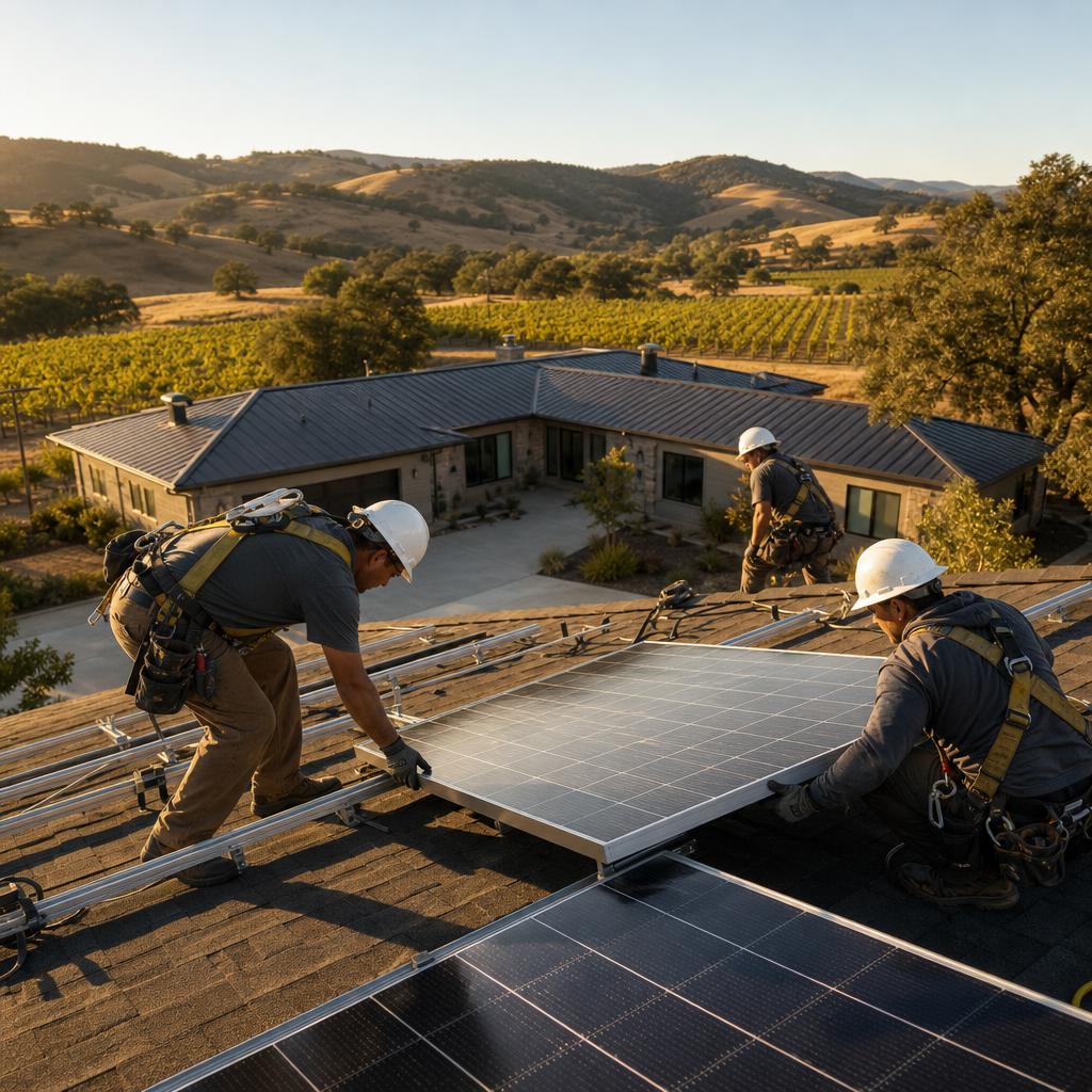 Technicians installing solar panels on a Lake County, California home roof at golden hour